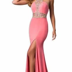 In Stock Jovani JVN20530 Mint Size 2 Prom Dress High Neck Sheer Waist High Slit CLEARANCE