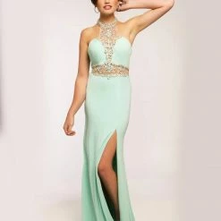 In Stock Jovani JVN20530 Mint Size 2 Prom Dress High Neck Sheer Waist High Slit CLEARANCE