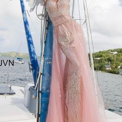 JVN By Jovani Jovani JVN2151 Long Fitted Tulle Over Skirt Prom Dress Glitter Shimmer Embellished