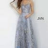 Discontinued Jovani JVN2155 Long Glitter Shimmer Maxi Prom Dress Blue Plunging Neckline