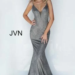 Discontinued Jovani JVN2164 Long Fitted Iridescent Shimmer Mermaid Prom Dress Plunging Neckline