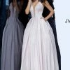 Discontinued Ballgown Dresses JVN By Jovani 2172 Iridescent Shimmer Ball Gown Prom Dress Pockets Plunging Neckline