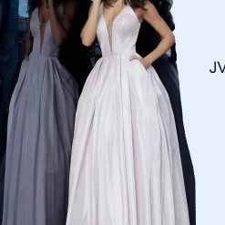 Discontinued Ballgown Dresses JVN By Jovani 2172 Iridescent Shimmer Ball Gown Prom Dress Pockets Plunging Neckline