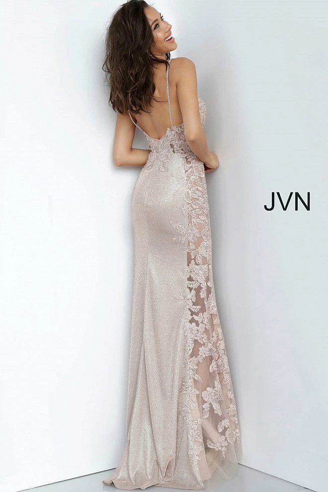 JVN By Jovani Metallic Dresses Jovani JVN2205 Embellished Iridescent Lace Illusion Prom Dress Sheer Shimmer Gown 8 JVN By Jovani Metallic Dresses Jovani JVN2205 Embellished Iridescent Lace Illusion Prom Dress Sheer Shimmer Gown