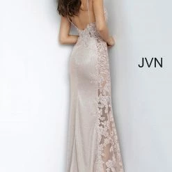 In Stock Jovani JVN2205 Size 6 Nude Iridescent Lace Illusion Prom Dress Sheer Shimmer Gown