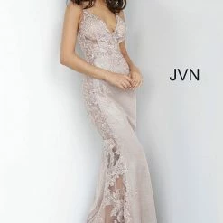 JVN By Jovani Metallic Dresses Jovani JVN2205 Embellished Iridescent Lace Illusion Prom Dress Sheer Shimmer Gown