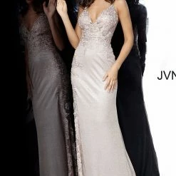 In Stock Jovani JVN2205 Size 6 Nude Iridescent Lace Illusion Prom Dress Sheer Shimmer Gown
