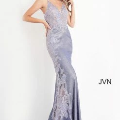 JVN By Jovani Metallic Dresses Jovani JVN2205 Embellished Iridescent Lace Illusion Prom Dress Sheer Shimmer Gown