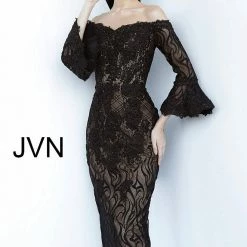 JVN By Jovani 2241 Off The Shoulder Lace Bell Sleeve Tea Length Cocktail Dress