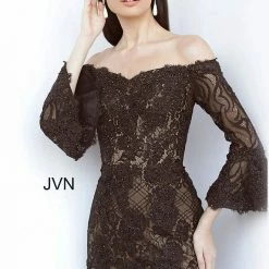JVN By Jovani 2241 Off The Shoulder Lace Bell Sleeve Tea Length Cocktail Dress
