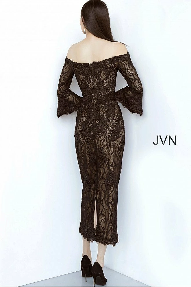 JVN By Jovani 2241 Off The Shoulder Lace Bell Sleeve Tea Length Cocktail Dress 5 JVN By Jovani 2241 Off The Shoulder Lace Bell Sleeve Tea Length Cocktail Dress