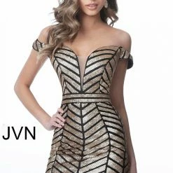 In Stock Jovani JVN 2247 Short Size 2 Sequin Embellished Homecoming Dress V Neck Black Gold