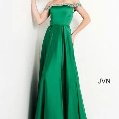 Discontinued Ballgown Dresses Jovani JVN2282 Satin Prom Dress Ball Gown Pleated Skirt Embellished Off Shoulder Straps Pockets