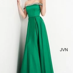 Discontinued Ballgown Dresses Jovani JVN2282 Satin Prom Dress Ball Gown Pleated Skirt Embellished Off Shoulder Straps Pockets