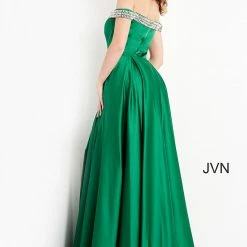 Discontinued Ballgown Dresses Jovani JVN2282 Satin Prom Dress Ball Gown Pleated Skirt Embellished Off Shoulder Straps Pockets