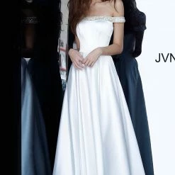 Discontinued Ballgown Dresses Jovani JVN2282 Satin Prom Dress Ball Gown Pleated Skirt Embellished Off Shoulder Straps Pockets