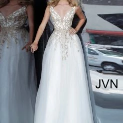 In Stock Ballgown Dresses Jovani JVN 2302 Size 8 Floral V Neck A Line Ballgown Prom Dress Formal