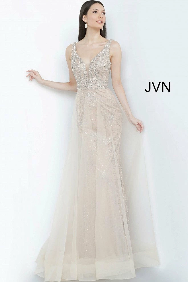 In Stock Jovani JVN2343 Size 4 Champagne Long Prom Dress Glitter Shimmer Plunging Neckline 3 In Stock Jovani JVN2343 Size 4 Champagne Long Prom Dress Glitter Shimmer Plunging Neckline