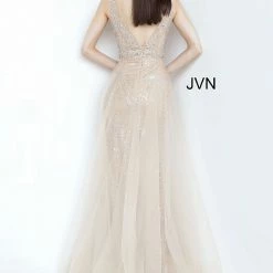 In Stock Jovani JVN2343 Size 4 Champagne Long Prom Dress Glitter Shimmer Plunging Neckline