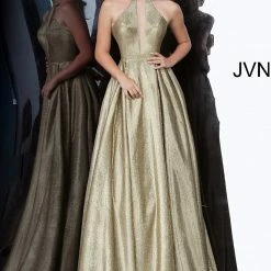 In Stock Jovani JVN2368 Size 14 Metallic A Line Prom Dress Pockets Ballgown High Neckline