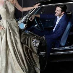 In Stock Jovani JVN2368 Size 14 Metallic A Line Prom Dress Pockets Ballgown High Neckline