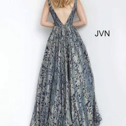 Discontinued Jovani JVN2486 Long Shimmer Skirt Navy Brocade V Neck Ballgown Prom Dress