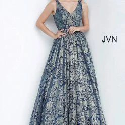 Discontinued Jovani JVN2486 Long Shimmer Skirt Navy Brocade V Neck Ballgown Prom Dress