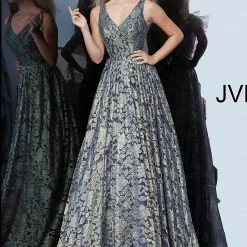Discontinued Jovani JVN2486 Long Shimmer Skirt Navy Brocade V Neck Ballgown Prom Dress