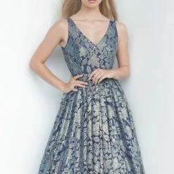 Discontinued Jovani JVN2486 Long Shimmer Skirt Navy Brocade V Neck Ballgown Prom Dress