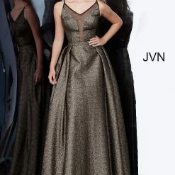 Discontinued Jovani JVN2549 Metallic Shimmer Gold Pleated Ball Gown Prom Dress Shimmer Mesh