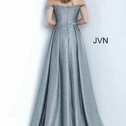 In Stock Jovani JVN2560 Size 4 Light Gold Metallic Long Fitted Prom Dress Over Skirt V Neck Train 7 In Stock Jovani JVN2560 Size 4 Light Gold Metallic Long Fitted Prom Dress Over Skirt V Neck Train