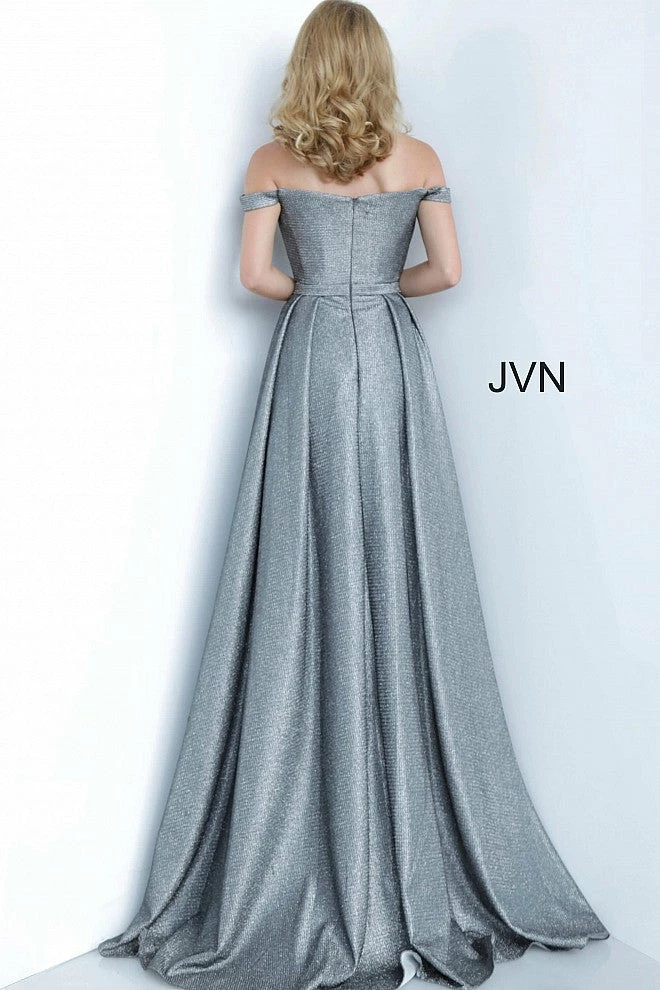 In Stock Jovani JVN2560 Size 4 Light Gold Metallic Long Fitted Prom Dress Over Skirt V Neck Train 5 In Stock Jovani JVN2560 Size 4 Light Gold Metallic Long Fitted Prom Dress Over Skirt V Neck Train