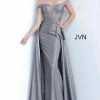 In Stock Jovani JVN2560 Size 8 Grey Metallic Long Fitted Prom Dress Overskirt V Neck Train