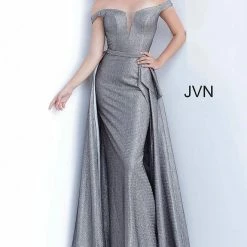 In Stock Jovani JVN2560 Size 4 Light Gold Metallic Long Fitted Prom Dress Over Skirt V Neck Train