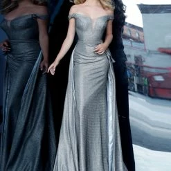 In Stock Jovani JVN2560 Size 8 Grey Metallic Long Fitted Prom Dress Overskirt V Neck Train