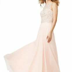 In Stock Jovani JVN27809 Peach Size 10 A Line Sheer Embellished Formal Dress Backless