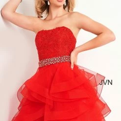 JVN By Jovani Jovani JVN3099 Strapless Lace Short Cocktail Dress Fit And Flare Tulle Ruffle Homecoming Dress