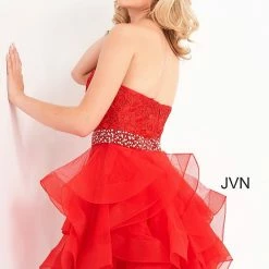 JVN By Jovani Jovani JVN3099 Strapless Lace Short Cocktail Dress Fit And Flare Tulle Ruffle Homecoming Dress