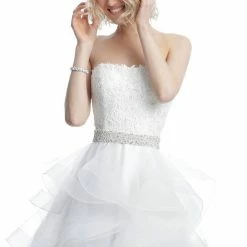 JVN By Jovani Jovani JVN3099 Strapless Lace Short Cocktail Dress Fit And Flare Tulle Ruffle Homecoming Dress