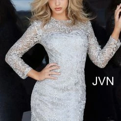 Discontinued JVN By Jovani 3217 Sheer Lace Long Sleeves Short Lace Cocktail Dress Evening Gown Long Sleeve Dresses