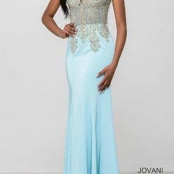 In Stock Jovani JVN33691 Size 12 Aqua High Neck Embellished Prom Dress Keyhole Fitted Long Sleeve Dresses