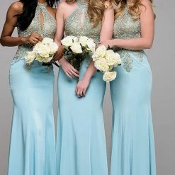 In Stock Jovani JVN33691 Size 12 Aqua High Neck Embellished Prom Dress Keyhole Fitted Long Sleeve Dresses
