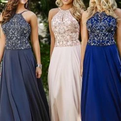 In Stock Jovani JVN 33700 Halter Chiffon Long Gown In Navy Size 2 Formal Dress