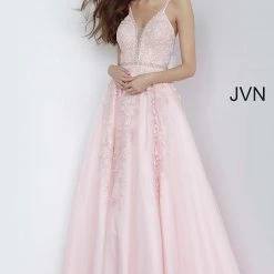 In Stock Jovani JVN3388 Size 4 Off White Lace Ballgown Prom Dress V Neck Embellished Open Back Ballgown Dresses