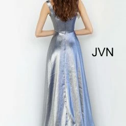 In Stock Jovani JVN3777 Size 14 Metallic Royal Off The Shoulder Prom Dress V Neck Maxi Slit Gown