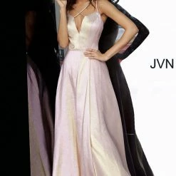 In Stock Jovani JVN3779 Long Iridescent Shimmer Size 12 Blush Prom Dress High Slit Backless V Neck