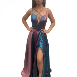In Stock Jovani JVN3779 Long Iridescent Shimmer Size 12 Blush Prom Dress High Slit Backless V Neck