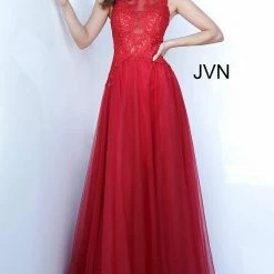 Discontinued Ballgown Dresses Jovani JVN3896 Long Tulle Prom Dress Ball Gown Embroidered Sheer High Neckline