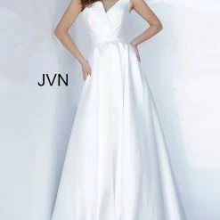 JVN By Jovani Ballgown Dresses Jovani JVN3930 One Shoulder A Line Mikado Prom Dress White Ball Gown Evening Dress