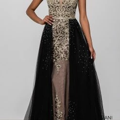 In Stock JVN By Jovani 41677 Black/Gold Size 16 Plus Size Prom Dress Tulle Sheer Plunging Neckline Long Sleeve Dresses
